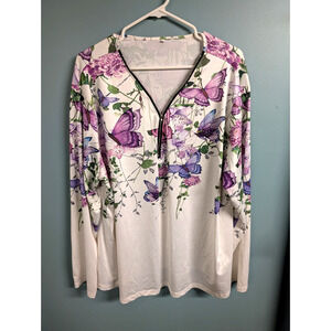 5XL Women's White Zip Up Butterfly Top Purple White